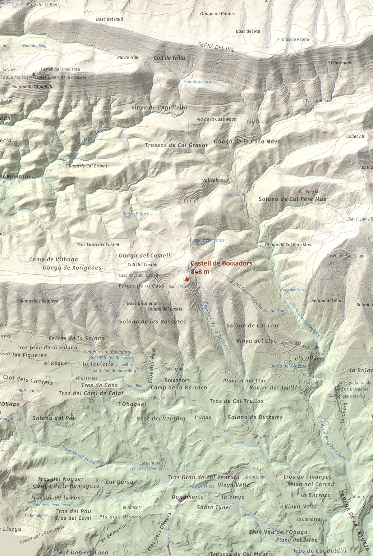 Mapa de relieve de Castell de Boixadors, 848 m, Anoia, lámina 100 Cims de Trobart. Detalle de la zona central. 61 × 91 cm.