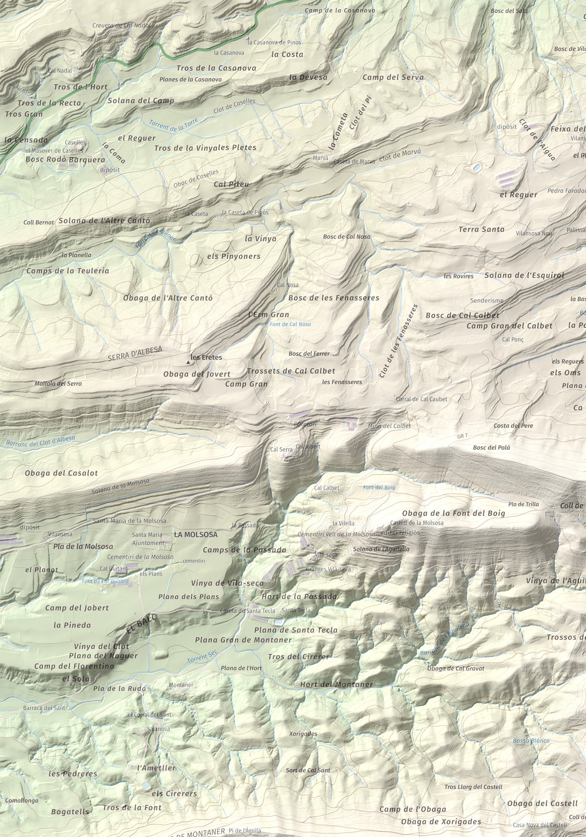 Mapa de relieve de Castell de Boixadors, 848 m, Anoia, lámina 100 Cims de Trobart. Detalle de la zona superior izquierda. 70 × 100 cm.
