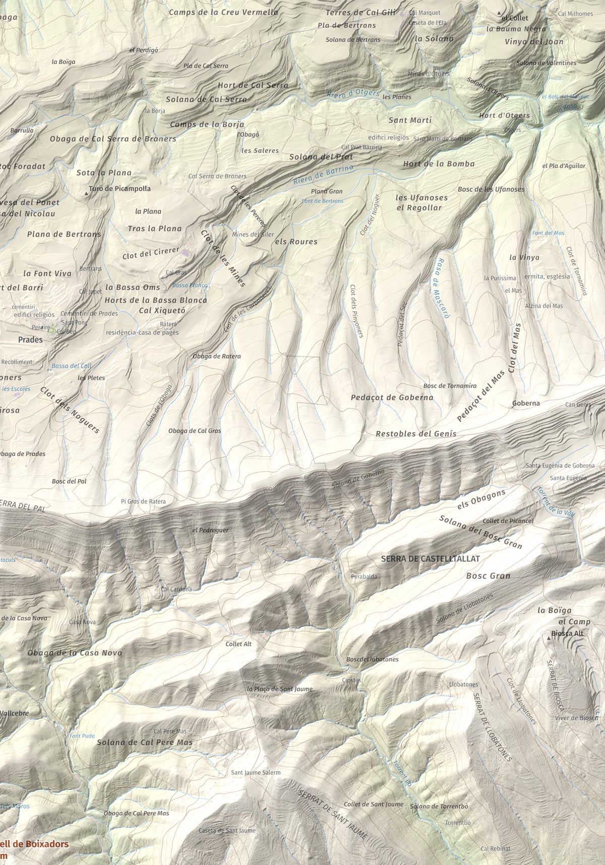 Mapa de relieve de Castell de Boixadors, 848 m, Anoia, lámina 100 Cims de Trobart. Detalle de la zona superior derecha. 70 × 100 cm.