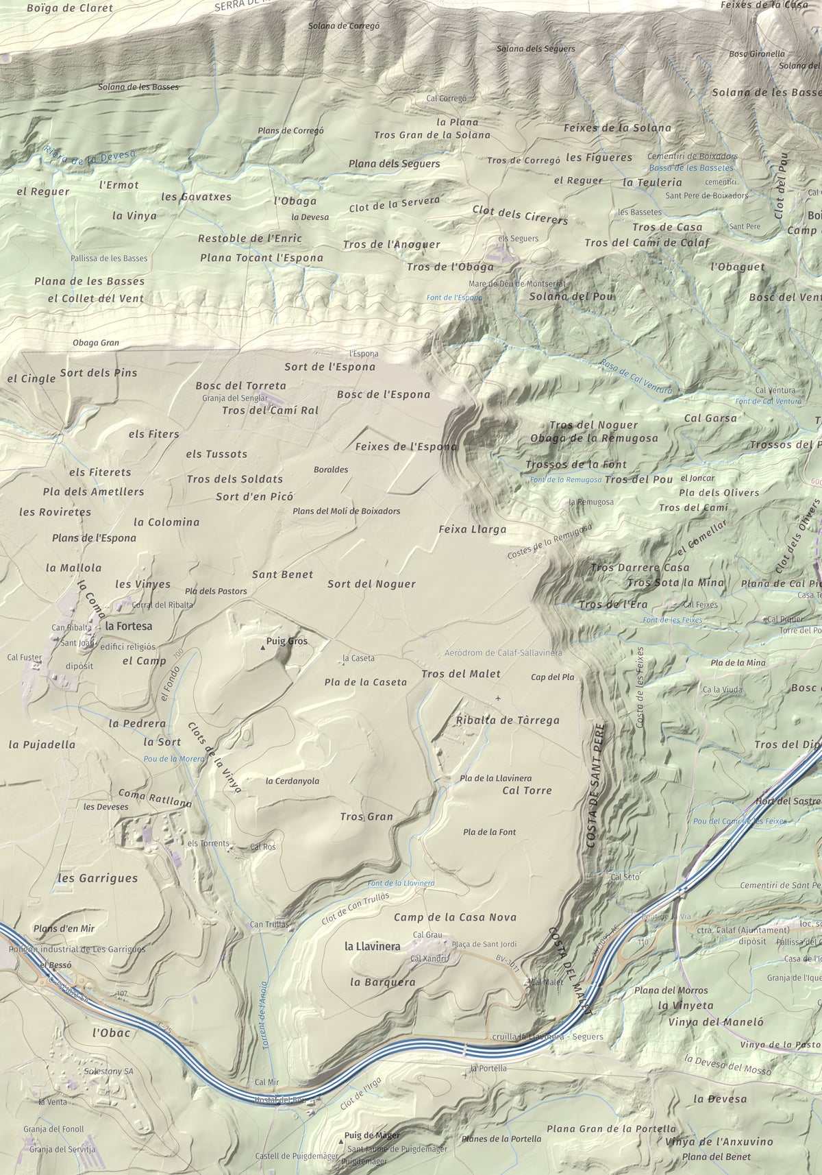 Mapa de relieve de Castell de Boixadors, 848 m, Anoia, lámina 100 Cims de Trobart. Detalle de la zona inferior izquierda. 70 × 100 cm.