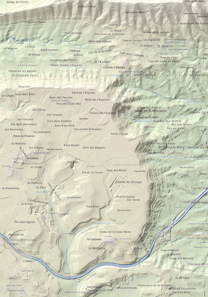 Mapa de relieve de Castell de Boixadors, 848 m, Anoia, lámina 100 Cims de Trobart. Detalle de la zona inferior izquierda. 70 × 100 cm.