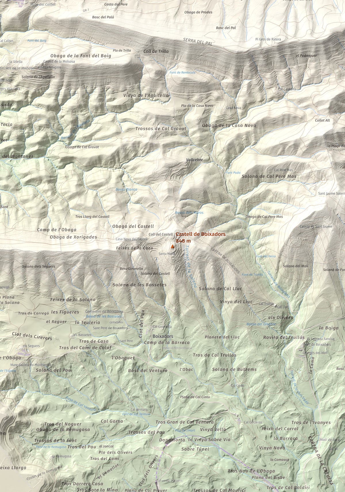 Mapa de relieve de Castell de Boixadors, 848 m, Anoia, lámina 100 Cims de Trobart. Detalle de la zona central. 70 × 100 cm.