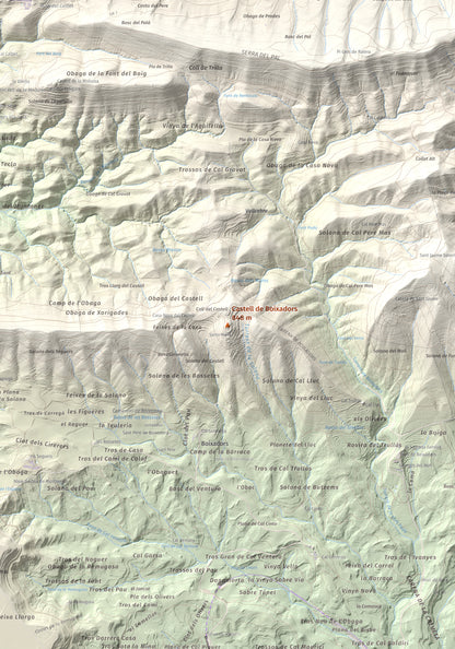 Mapa de relieve de Castell de Boixadors, 848 m, Anoia, lámina 100 Cims de Trobart. Detalle de la zona central. 70 × 100 cm.
