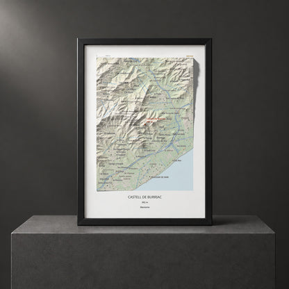 Mapa de relieve de Castell de Burriac, 392 m, Maresme, lámina 100 Cims de Trobart. Presentación enmarcada. 21 × 30 cm.
