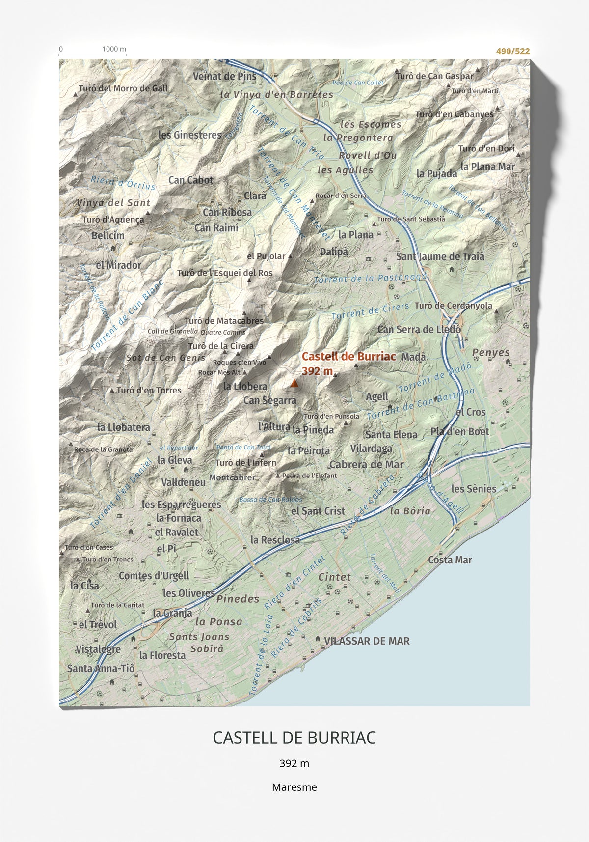Mapa de relieve de Castell de Burriac, 392 m, Maresme, lámina 100 Cims de Trobart 21 × 30 cm.