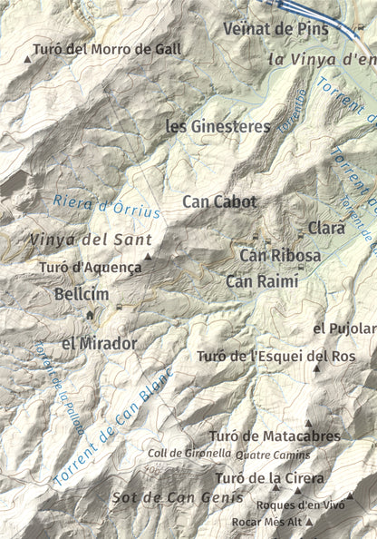 Mapa de relieve de Castell de Burriac, 392 m, Maresme, lámina 100 Cims de Trobart. Detalle de la zona superior izquierda. 21 × 30 cm.