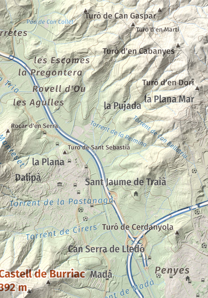Mapa de relieve de Castell de Burriac, 392 m, Maresme, lámina 100 Cims de Trobart. Detalle de la zona superior derecha. 21 × 30 cm.