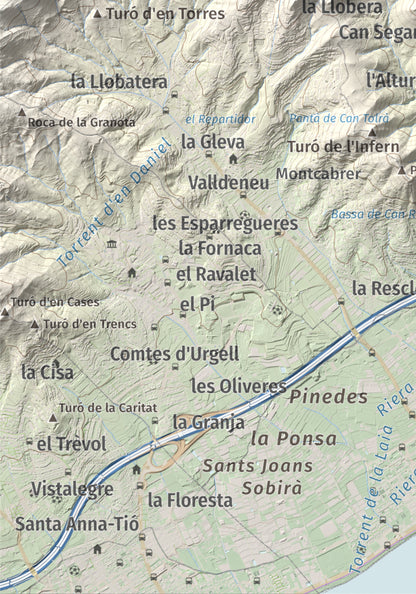 Mapa de relieve de Castell de Burriac, 392 m, Maresme, lámina 100 Cims de Trobart. Detalle de la zona inferior izquierda. 21 × 30 cm.