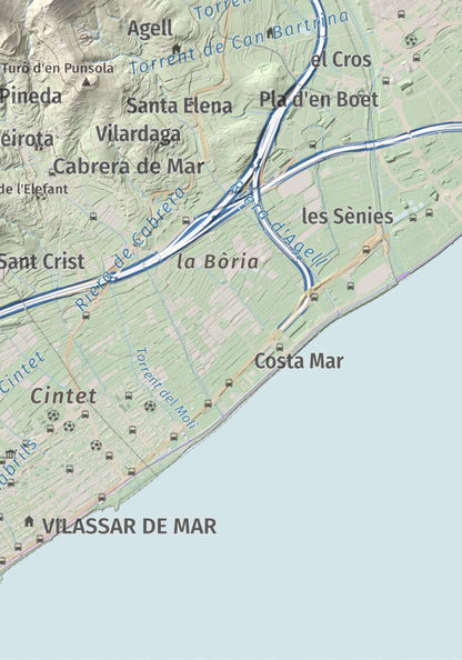 Mapa de relieve de Castell de Burriac, 392 m, Maresme, lámina 100 Cims de Trobart. Detalle de la zona inferior derecha. 21 × 30 cm.