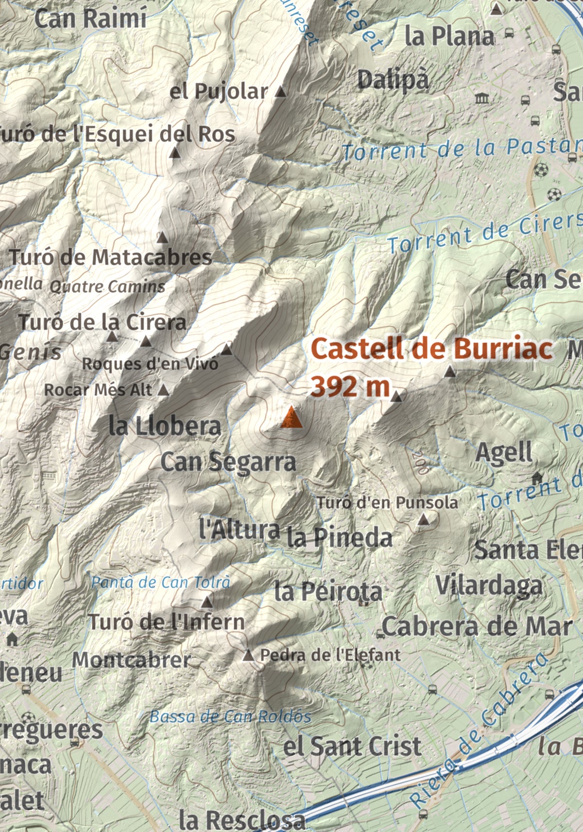 Mapa de relieve de Castell de Burriac, 392 m, Maresme, lámina 100 Cims de Trobart. Detalle de la zona central. 21 × 30 cm.