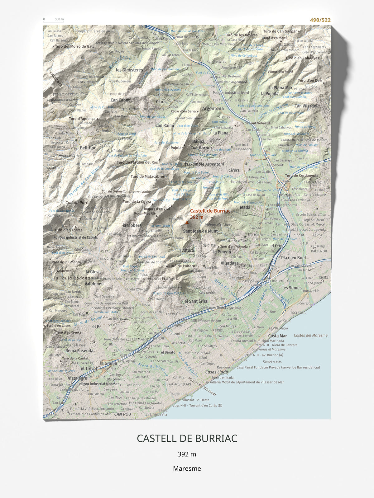 Mapa de relieve de Castell de Burriac, 392 m, Maresme, lámina 100 Cims de Trobart 30 × 40 cm.