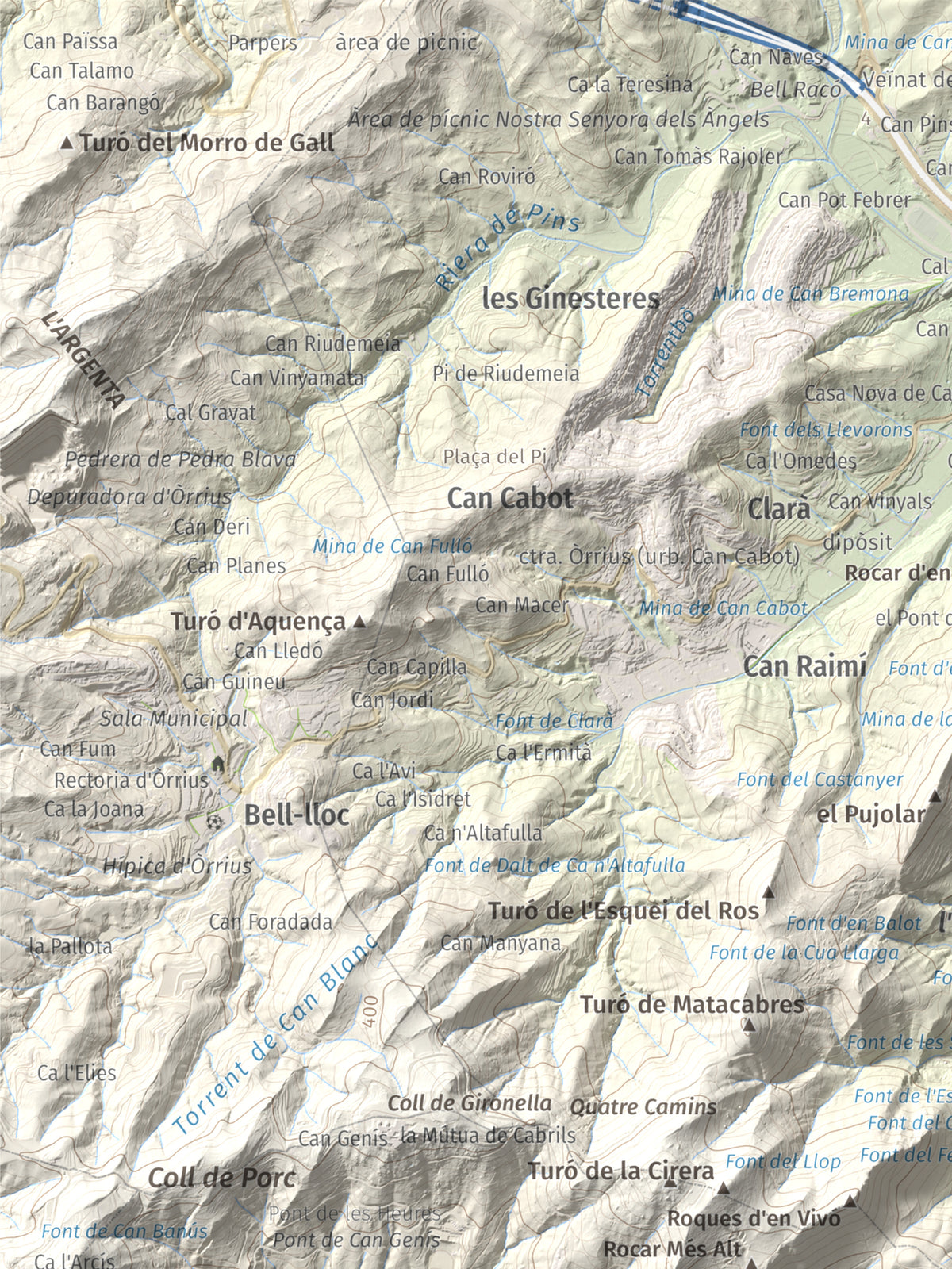 Mapa de relieve de Castell de Burriac, 392 m, Maresme, lámina 100 Cims de Trobart. Detalle de la zona superior izquierda. 30 × 40 cm.