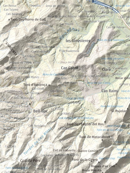 Mapa de relieve de Castell de Burriac, 392 m, Maresme, lámina 100 Cims de Trobart. Detalle de la zona superior izquierda. 30 × 40 cm.