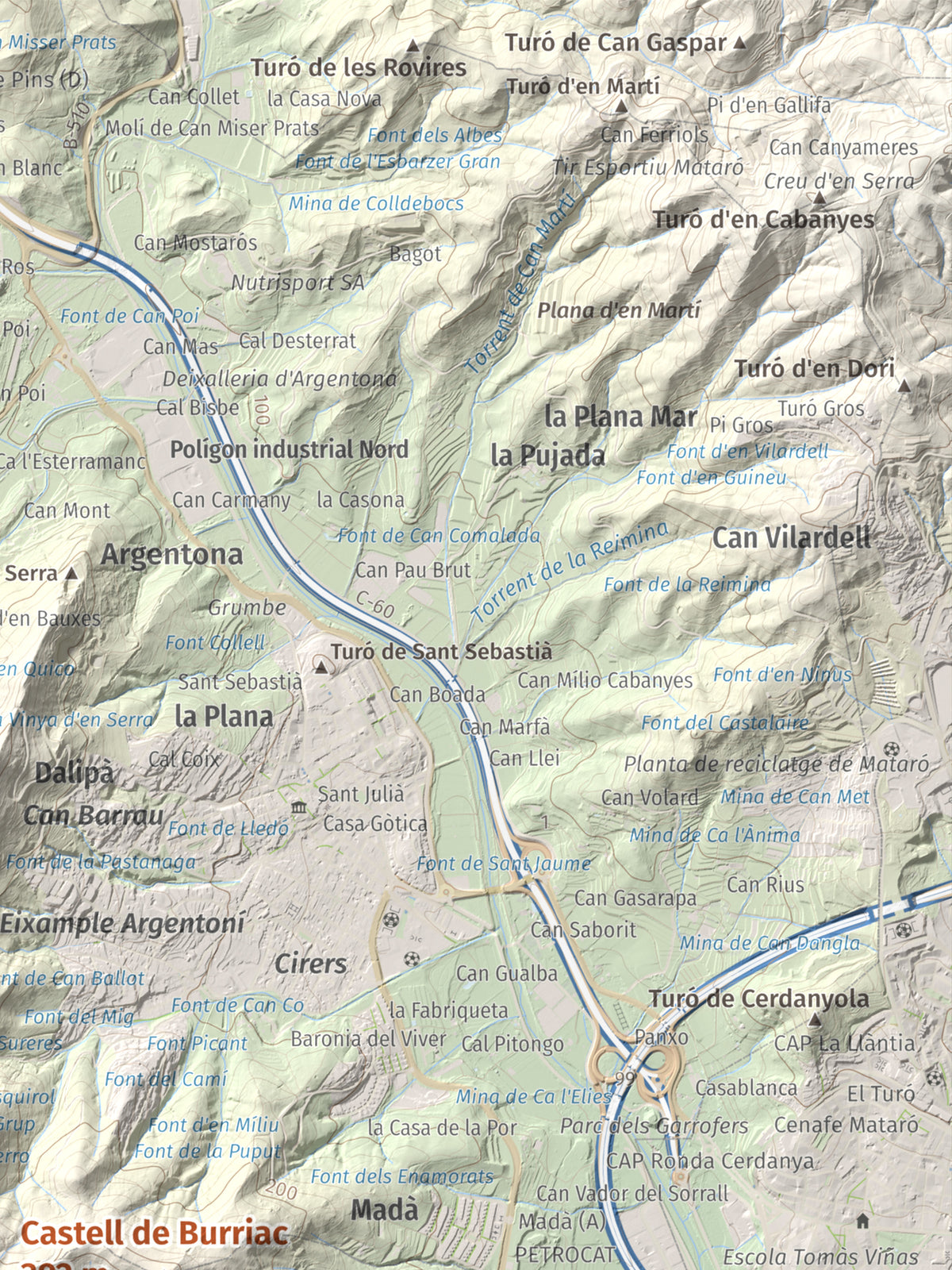 Mapa de relieve de Castell de Burriac, 392 m, Maresme, lámina 100 Cims de Trobart. Detalle de la zona superior derecha. 30 × 40 cm.