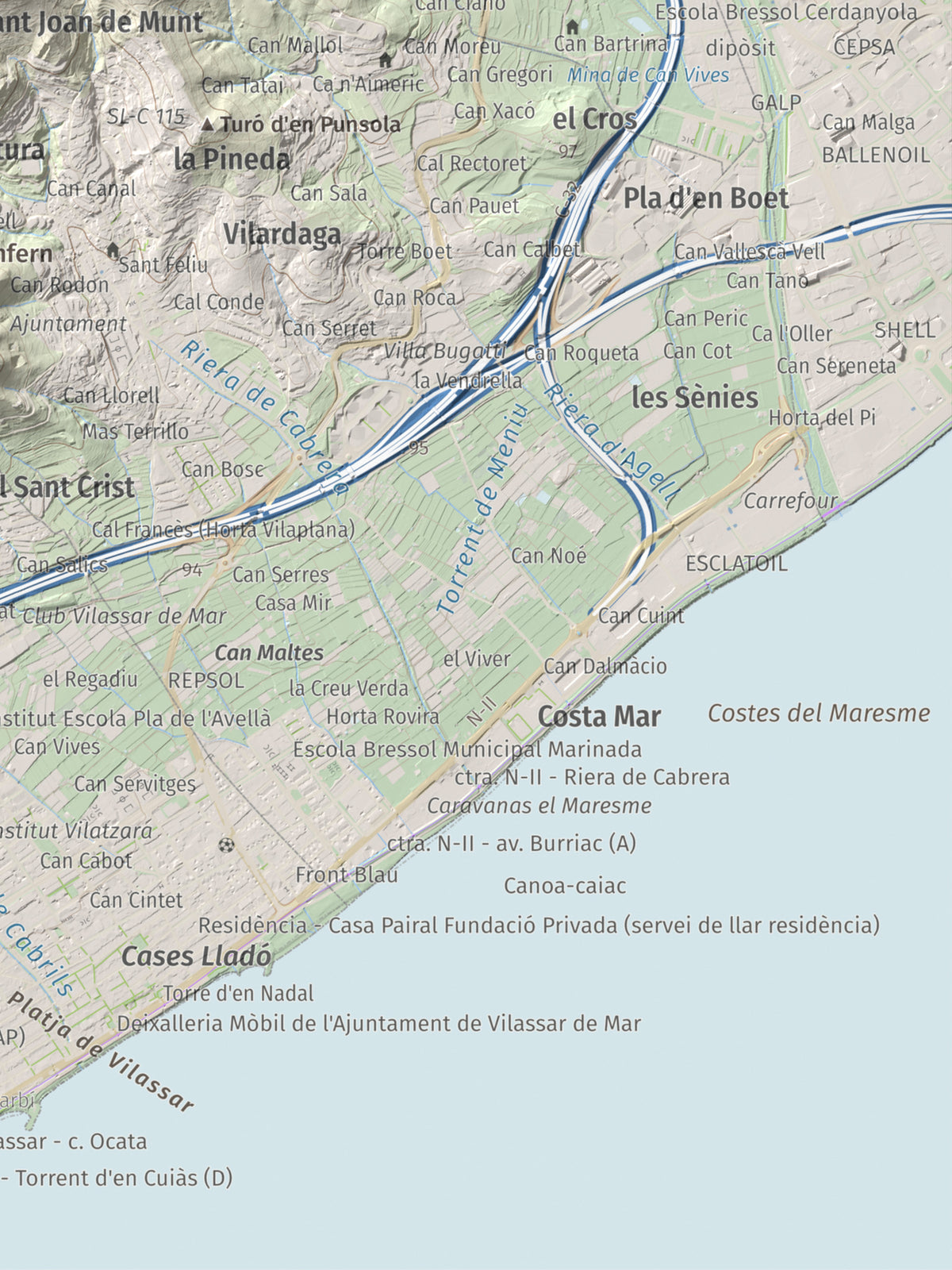 Mapa de relieve de Castell de Burriac, 392 m, Maresme, lámina 100 Cims de Trobart. Detalle de la zona inferior derecha. 30 × 40 cm.