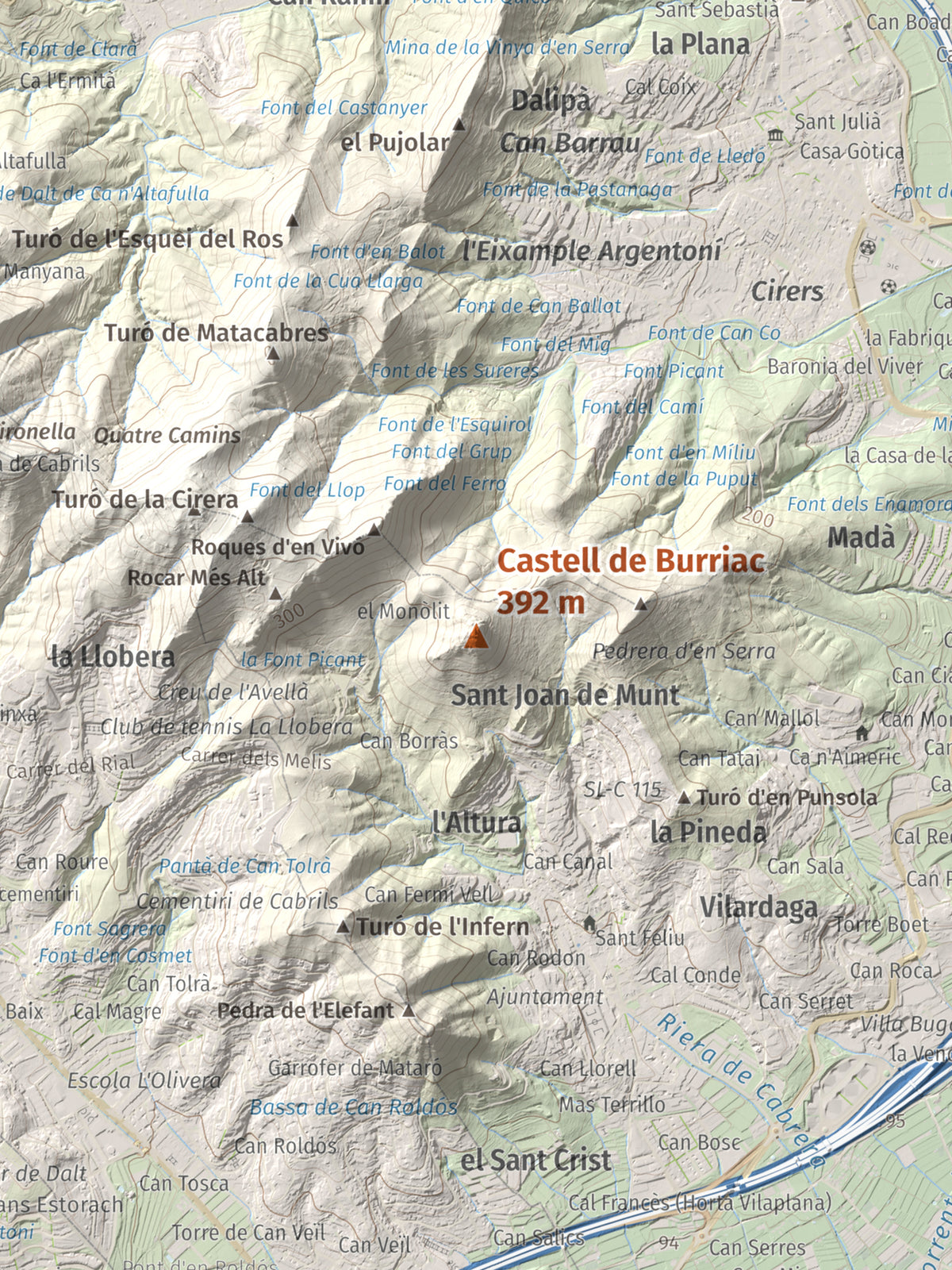 Mapa de relieve de Castell de Burriac, 392 m, Maresme, lámina 100 Cims de Trobart. Detalle de la zona central. 30 × 40 cm.