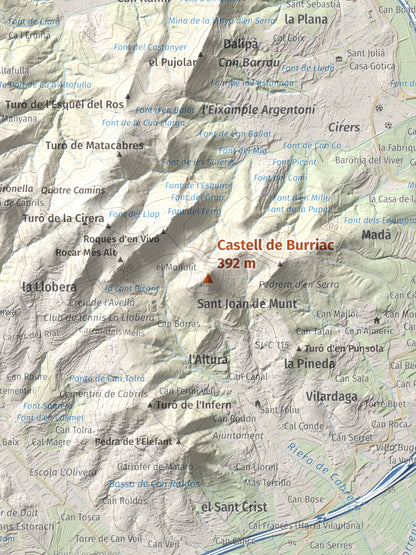 Mapa de relieve de Castell de Burriac, 392 m, Maresme, lámina 100 Cims de Trobart. Detalle de la zona central. 30 × 40 cm.