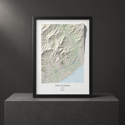 Mapa de relieve de Castell de Burriac, 392 m, Maresme, lámina 100 Cims de Trobart. Presentación enmarcada. 50 × 70 cm.