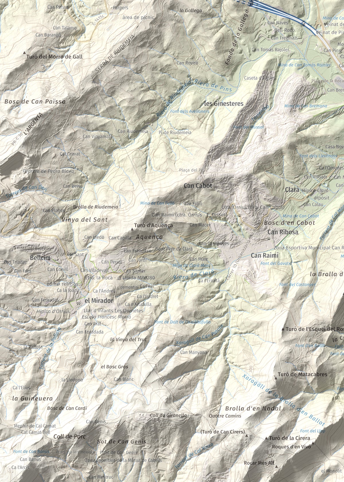 Mapa de relieve de Castell de Burriac, 392 m, Maresme, lámina 100 Cims de Trobart. Detalle de la zona superior izquierda. 50 × 70 cm.