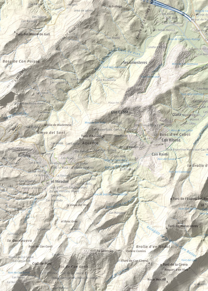 Mapa de relieve de Castell de Burriac, 392 m, Maresme, lámina 100 Cims de Trobart. Detalle de la zona superior izquierda. 50 × 70 cm.