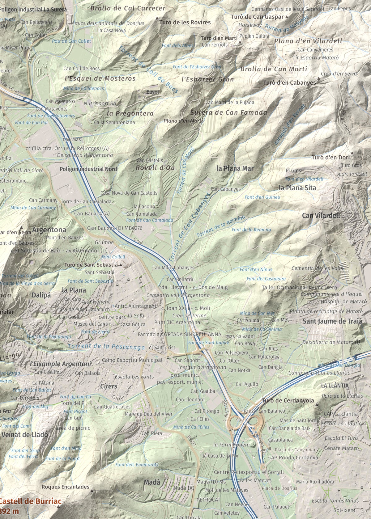 Mapa de relieve de Castell de Burriac, 392 m, Maresme, lámina 100 Cims de Trobart. Detalle de la zona superior derecha. 50 × 70 cm.