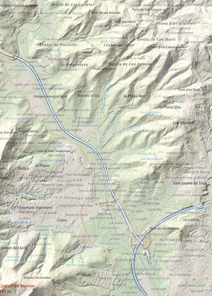 Mapa de relieve de Castell de Burriac, 392 m, Maresme, lámina 100 Cims de Trobart. Detalle de la zona superior derecha. 50 × 70 cm.