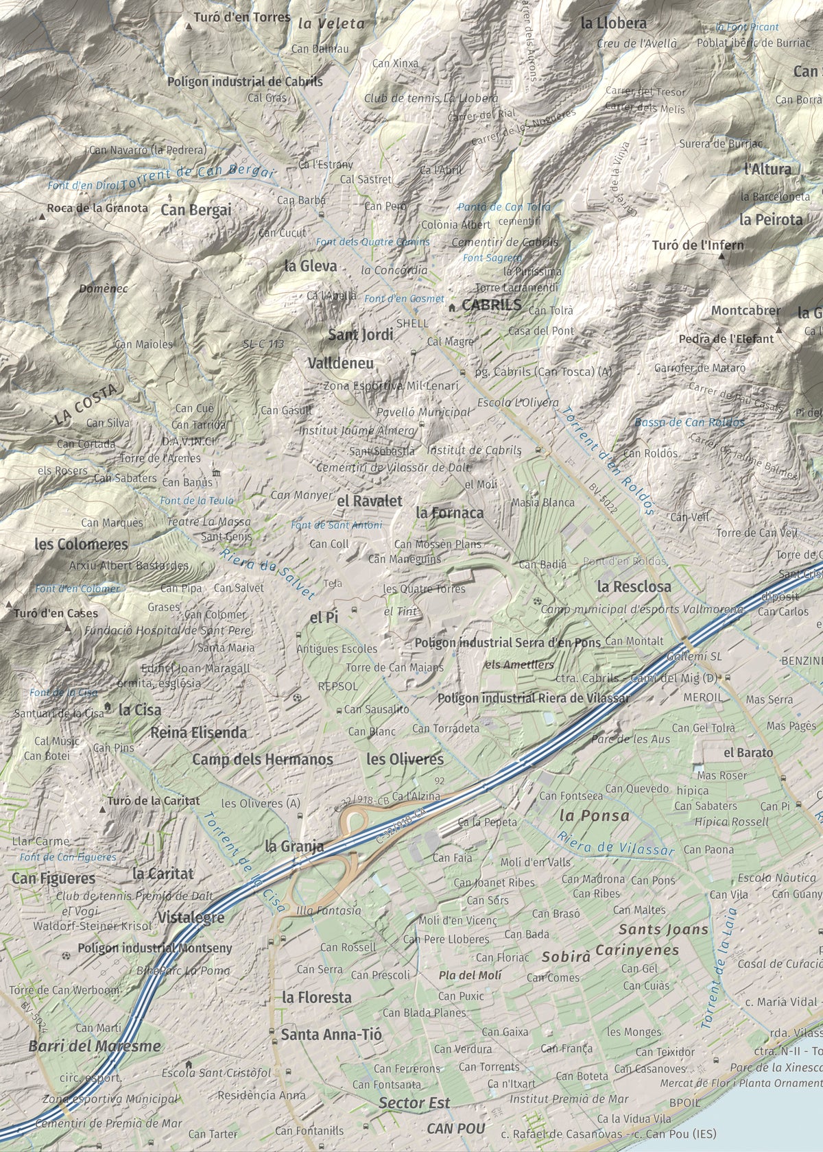 Mapa de relieve de Castell de Burriac, 392 m, Maresme, lámina 100 Cims de Trobart. Detalle de la zona inferior izquierda. 50 × 70 cm.