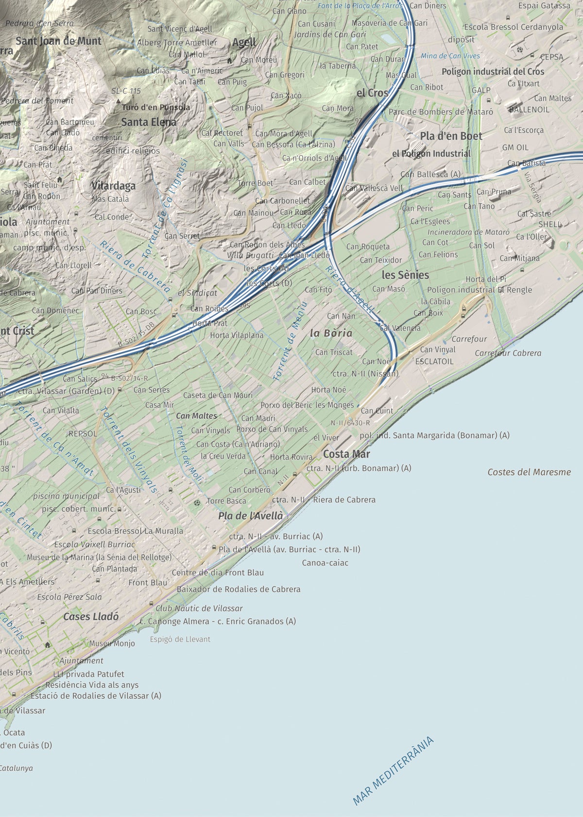Mapa de relieve de Castell de Burriac, 392 m, Maresme, lámina 100 Cims de Trobart. Detalle de la zona inferior derecha. 50 × 70 cm.