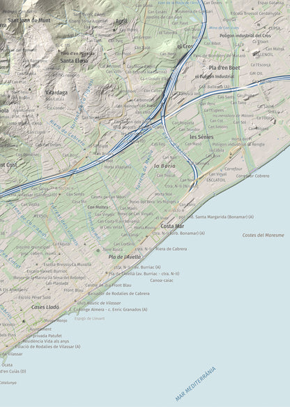Mapa de relieve de Castell de Burriac, 392 m, Maresme, lámina 100 Cims de Trobart. Detalle de la zona inferior derecha. 50 × 70 cm.