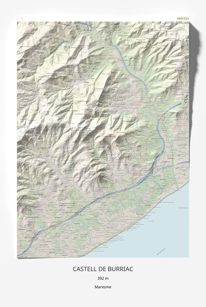 Mapa de relieve de Castell de Burriac, 392 m, Maresme, lámina 100 Cims de Trobart 61 × 91 cm.