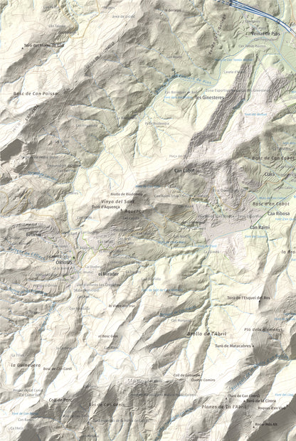 Mapa de relieve de Castell de Burriac, 392 m, Maresme, lámina 100 Cims de Trobart. Detalle de la zona superior izquierda. 61 × 91 cm.