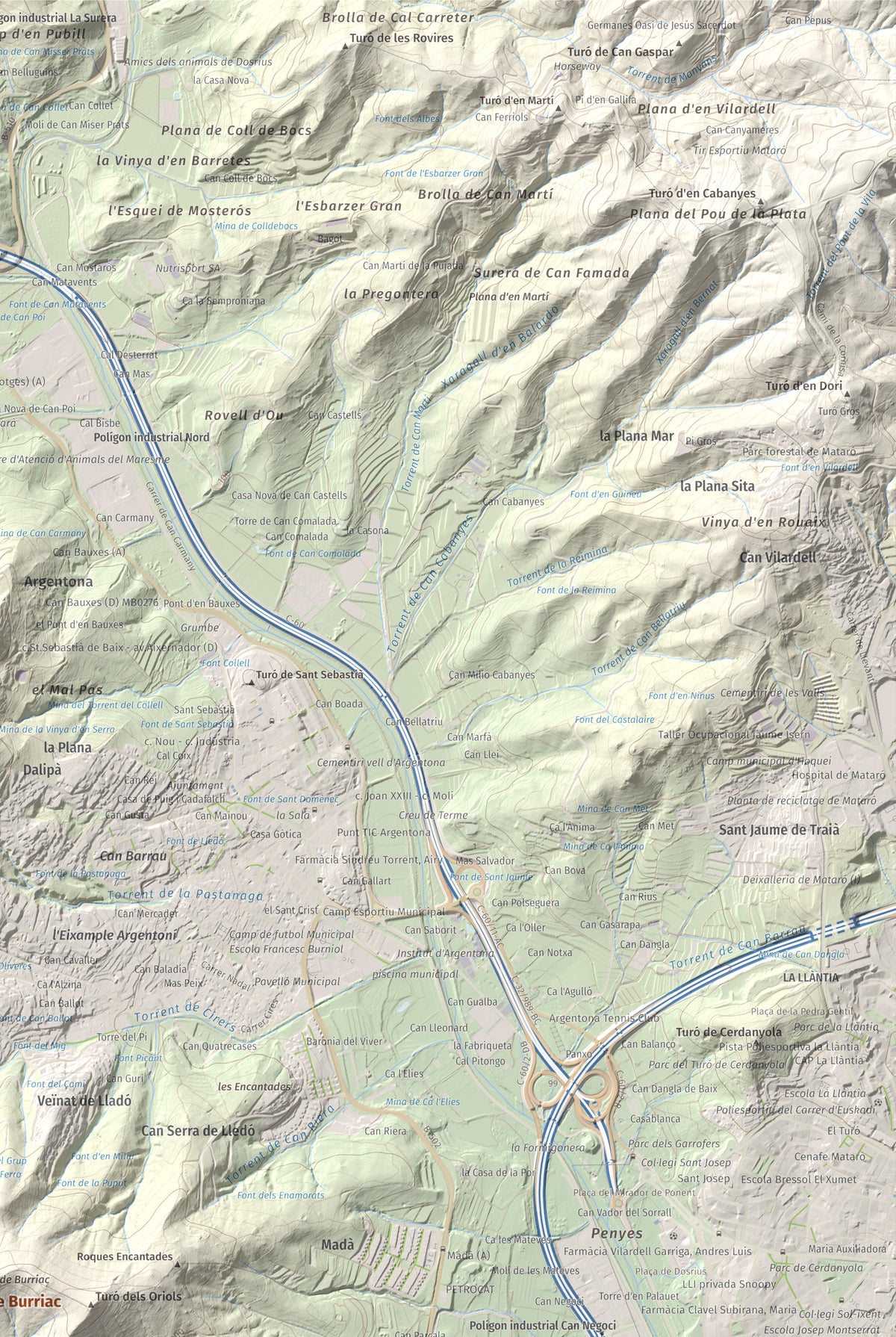 Mapa de relieve de Castell de Burriac, 392 m, Maresme, lámina 100 Cims de Trobart. Detalle de la zona superior derecha. 61 × 91 cm.