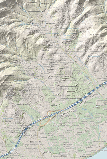 Mapa de relieve de Castell de Burriac, 392 m, Maresme, lámina 100 Cims de Trobart. Detalle de la zona inferior izquierda. 61 × 91 cm.