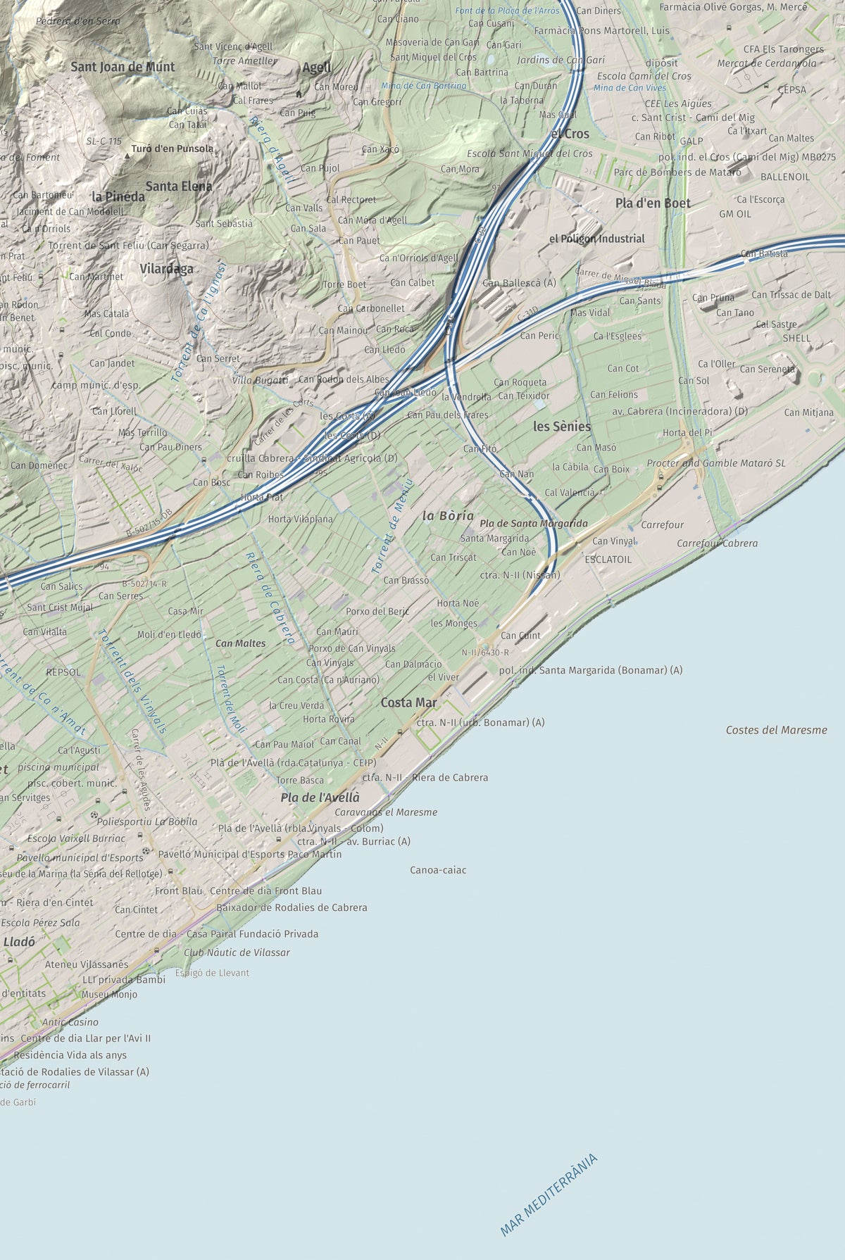 Mapa de relieve de Castell de Burriac, 392 m, Maresme, lámina 100 Cims de Trobart. Detalle de la zona inferior derecha. 61 × 91 cm.