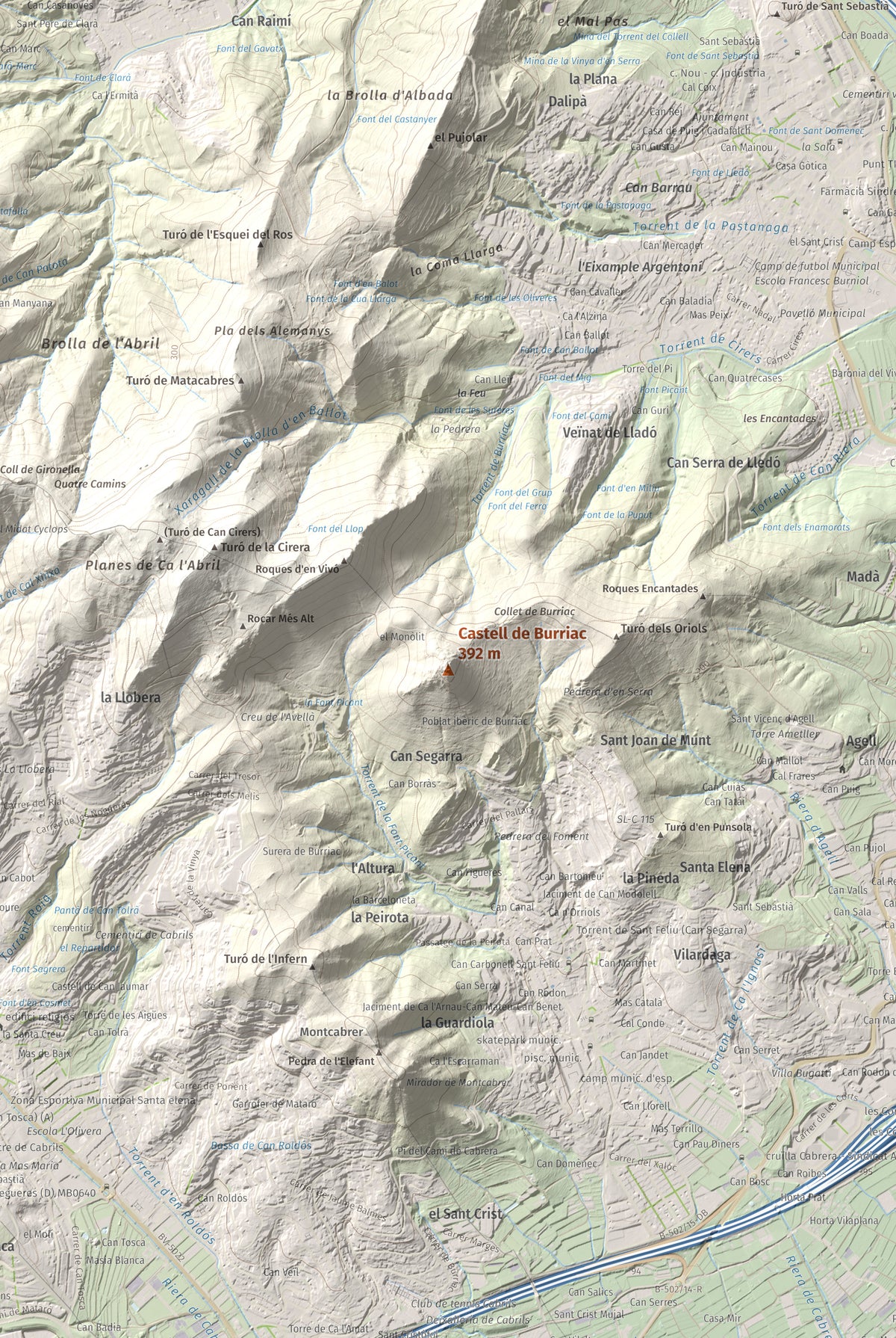 Mapa de relieve de Castell de Burriac, 392 m, Maresme, lámina 100 Cims de Trobart. Detalle de la zona central. 61 × 91 cm.