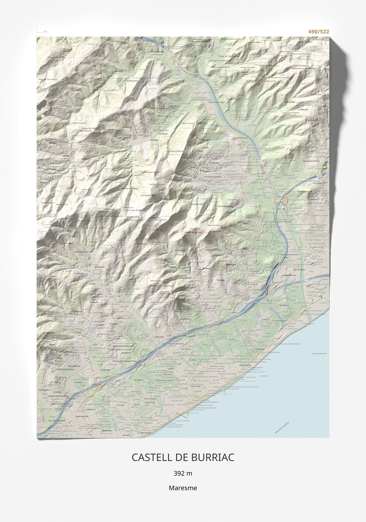 Mapa de relieve de Castell de Burriac, 392 m, Maresme, lámina 100 Cims de Trobart 70 × 100 cm.