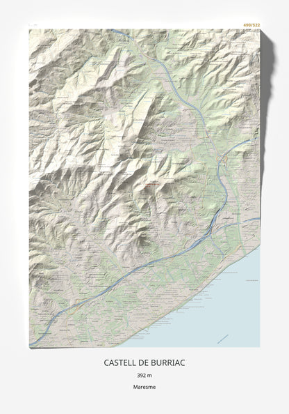 Mapa de relieve de Castell de Burriac, 392 m, Maresme, lámina 100 Cims de Trobart 70 × 100 cm.