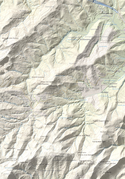 Mapa de relieve de Castell de Burriac, 392 m, Maresme, lámina 100 Cims de Trobart. Detalle de la zona superior izquierda. 70 × 100 cm.