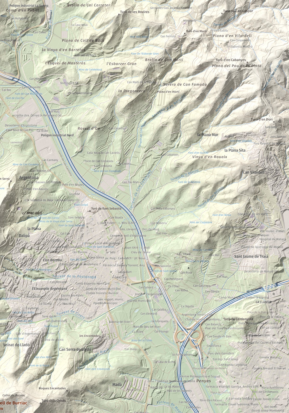 Mapa de relieve de Castell de Burriac, 392 m, Maresme, lámina 100 Cims de Trobart. Detalle de la zona superior derecha. 70 × 100 cm.