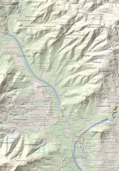 Mapa de relieve de Castell de Burriac, 392 m, Maresme, lámina 100 Cims de Trobart. Detalle de la zona superior derecha. 70 × 100 cm.