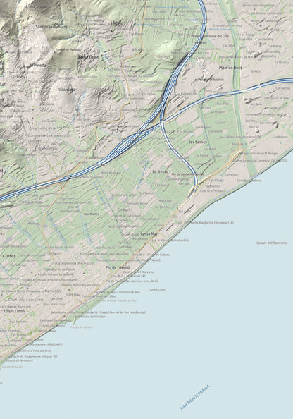 Mapa de relieve de Castell de Burriac, 392 m, Maresme, lámina 100 Cims de Trobart. Detalle de la zona inferior derecha. 70 × 100 cm.