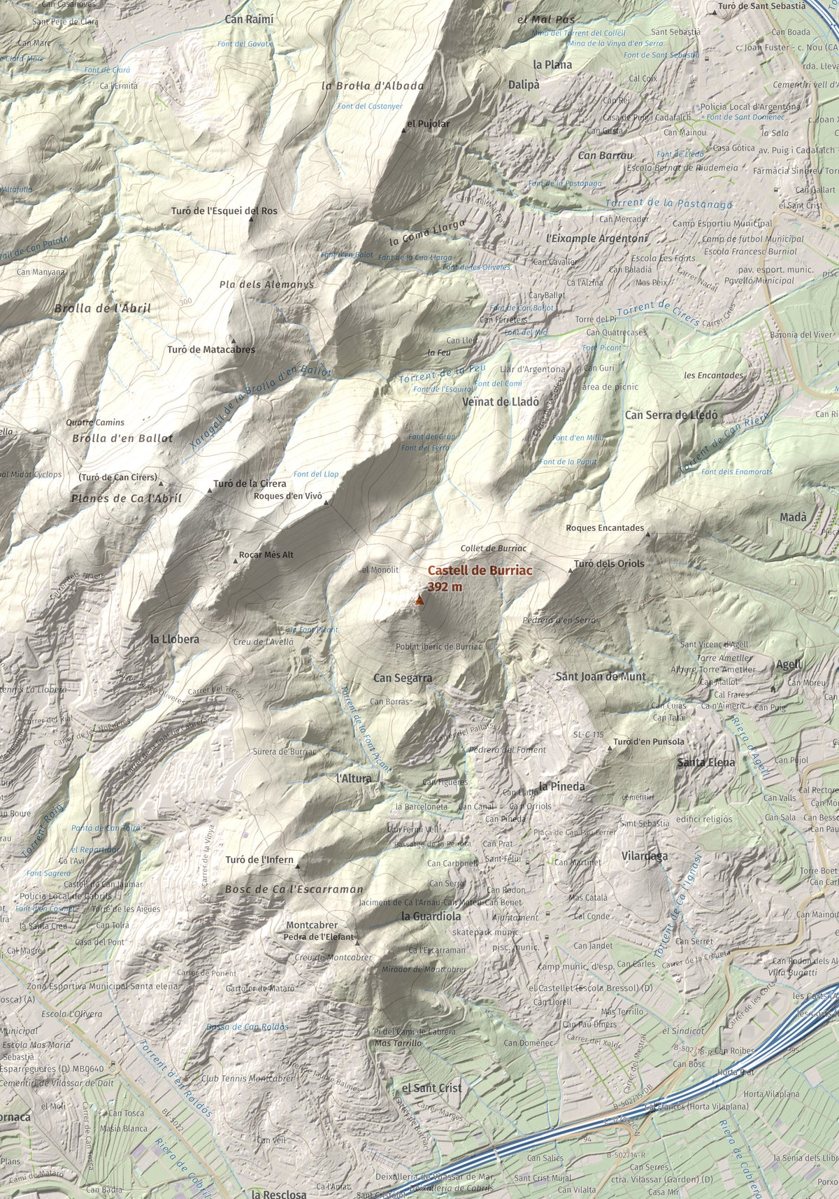 Mapa de relieve de Castell de Burriac, 392 m, Maresme, lámina 100 Cims de Trobart. Detalle de la zona central. 70 × 100 cm.