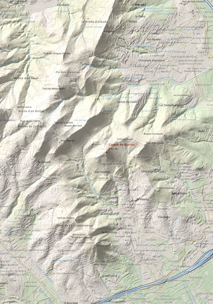 Mapa de relieve de Castell de Burriac, 392 m, Maresme, lámina 100 Cims de Trobart. Detalle de la zona central. 70 × 100 cm.