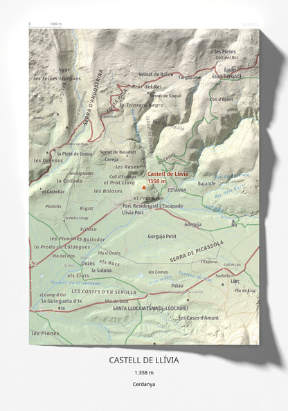 Mapa de relieve de Castell de Llívia, 1358 m, Cerdanya, lámina 100 Cims de Trobart 21 × 30 cm.