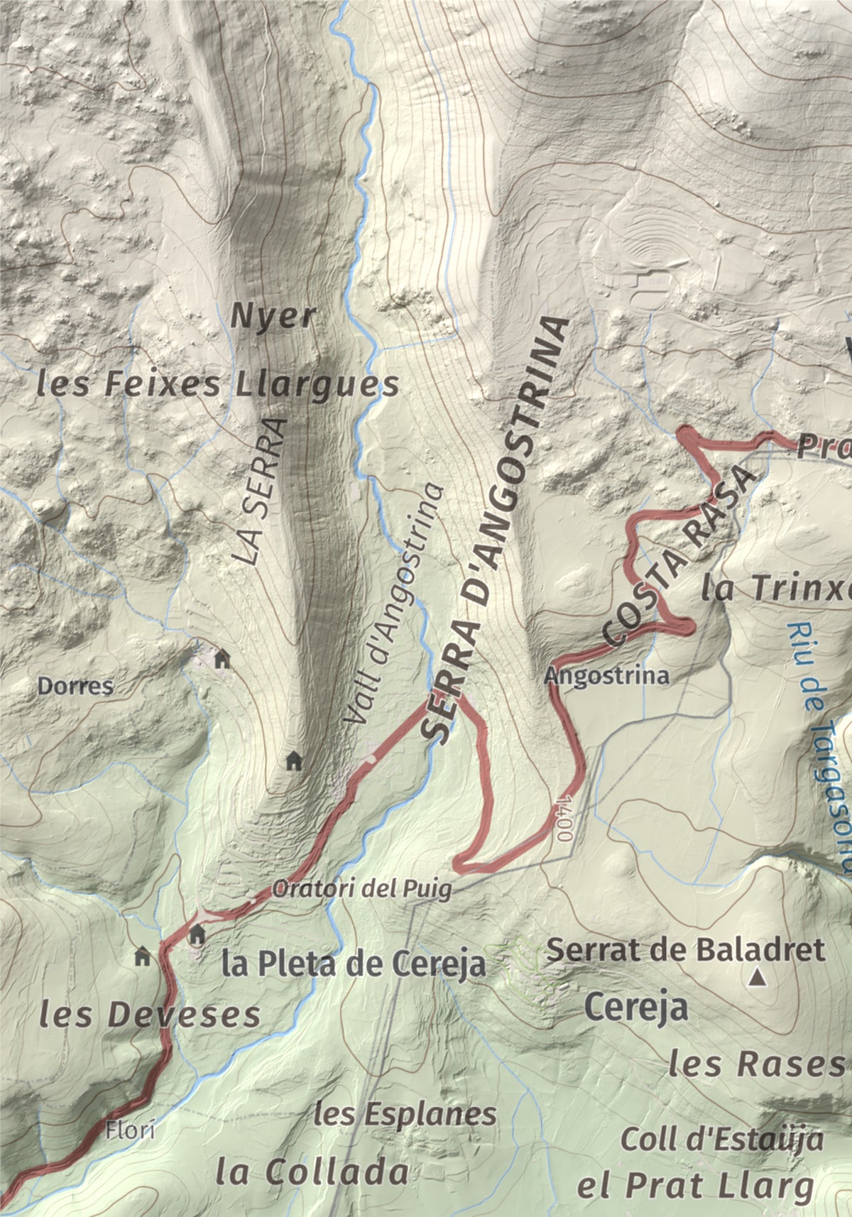 Mapa de relieve de Castell de Llívia, 1358 m, Cerdanya, lámina 100 Cims de Trobart. Detalle de la zona superior izquierda. 21 × 30 cm.