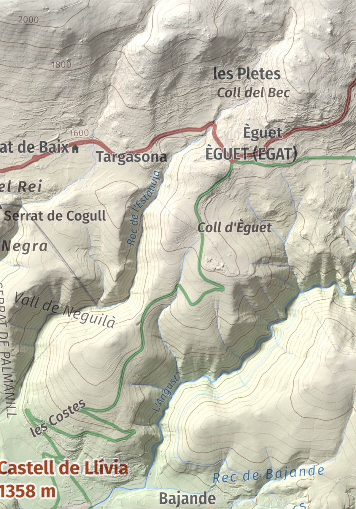 Mapa de relieve de Castell de Llívia, 1358 m, Cerdanya, lámina 100 Cims de Trobart. Detalle de la zona superior derecha. 21 × 30 cm.