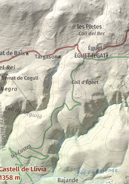 Mapa de relieve de Castell de Llívia, 1358 m, Cerdanya, lámina 100 Cims de Trobart. Detalle de la zona superior derecha. 21 × 30 cm.
