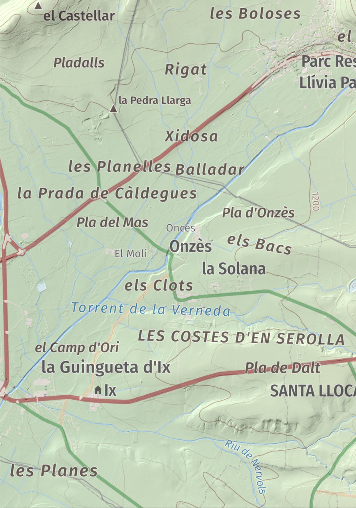 Mapa de relieve de Castell de Llívia, 1358 m, Cerdanya, lámina 100 Cims de Trobart. Detalle de la zona inferior izquierda. 21 × 30 cm.