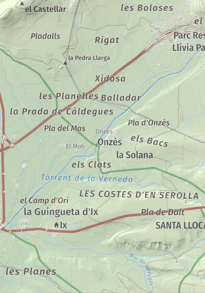 Mapa de relieve de Castell de Llívia, 1358 m, Cerdanya, lámina 100 Cims de Trobart. Detalle de la zona inferior izquierda. 21 × 30 cm.