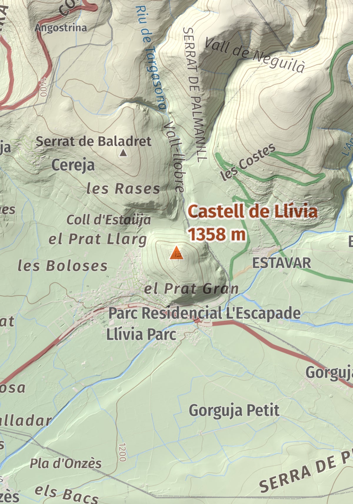 Mapa de relieve de Castell de Llívia, 1358 m, Cerdanya, lámina 100 Cims de Trobart. Detalle de la zona central. 21 × 30 cm.